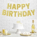 Pre-Strung Happy Birthday Banner - No Diy - Glitter Birthday Party Banner For Men & Women - Pre-Strung Garland On 8 Ft Strands - Bday Party Decorations & Decor. Did We Mention No Diy (Yellow Gold)