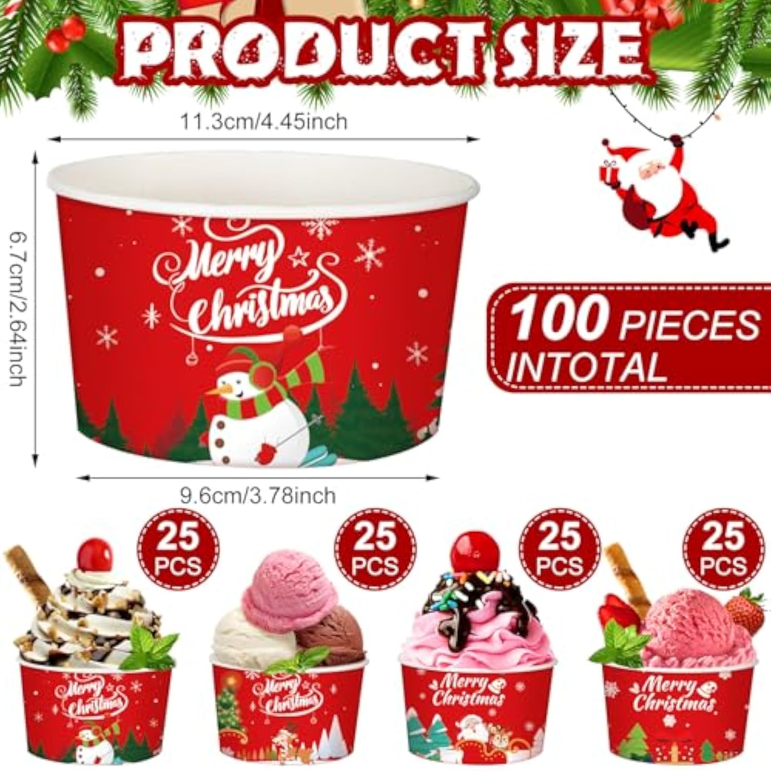 100 Pcs Christmas Treat Snack Cups 12 Oz Xmas Themed Paper Treat Food Disposable Bowls Holiday Ice Cream Snack Bowls For Parties Merry Christmas Paper Dessert Cups (Classic)