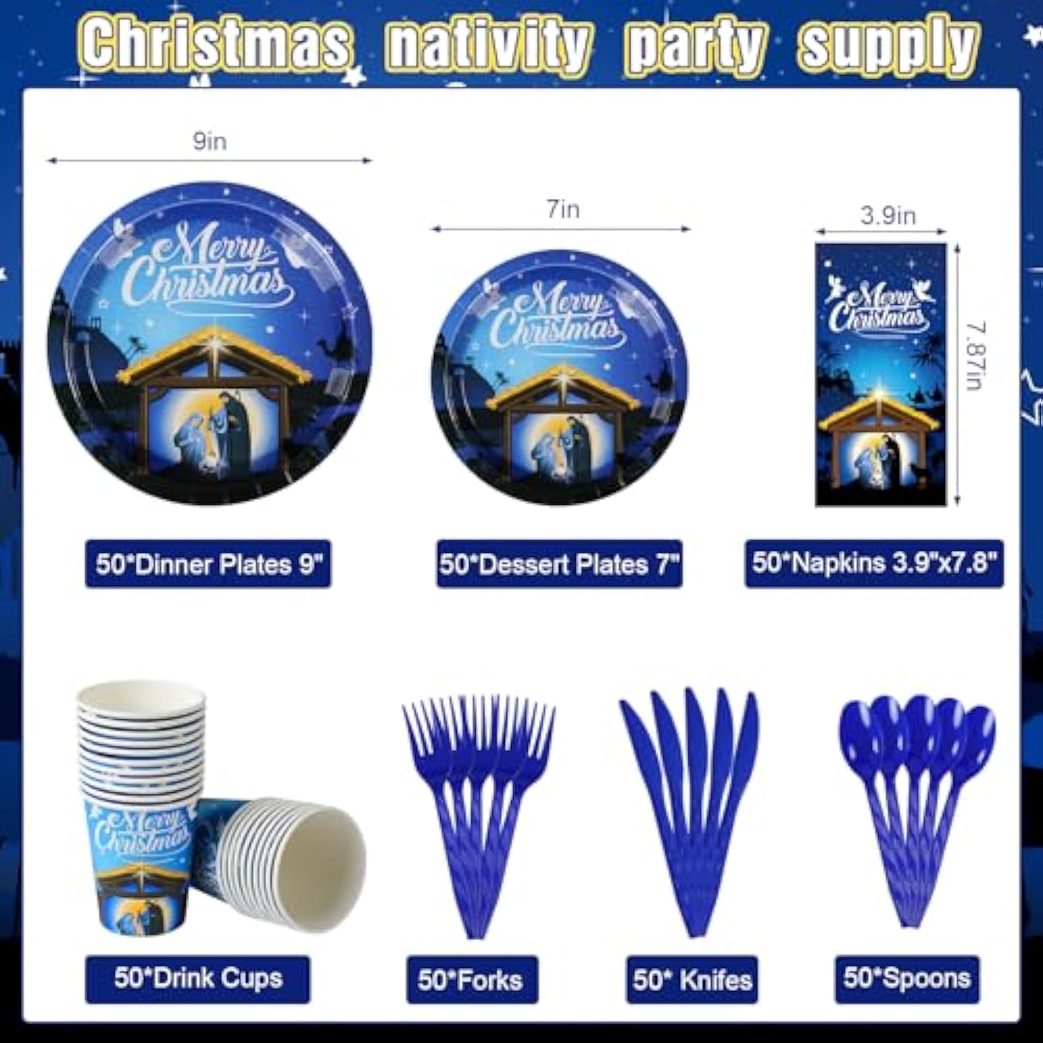 Christmas Nativity Party Supplies, Christmas Nativity Plates And Napkins Set, Disposable Jesus Holy Night Paper Plates Napkins Cups Knives Spoons Forks For Xmas Winter Holiday Party Decors, Serve 50