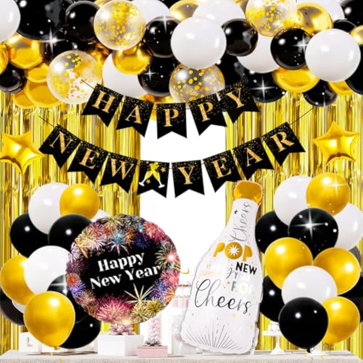Happy New Year 2026 Party Supplies Balloons Banner Foil Fringe Curtain Kit