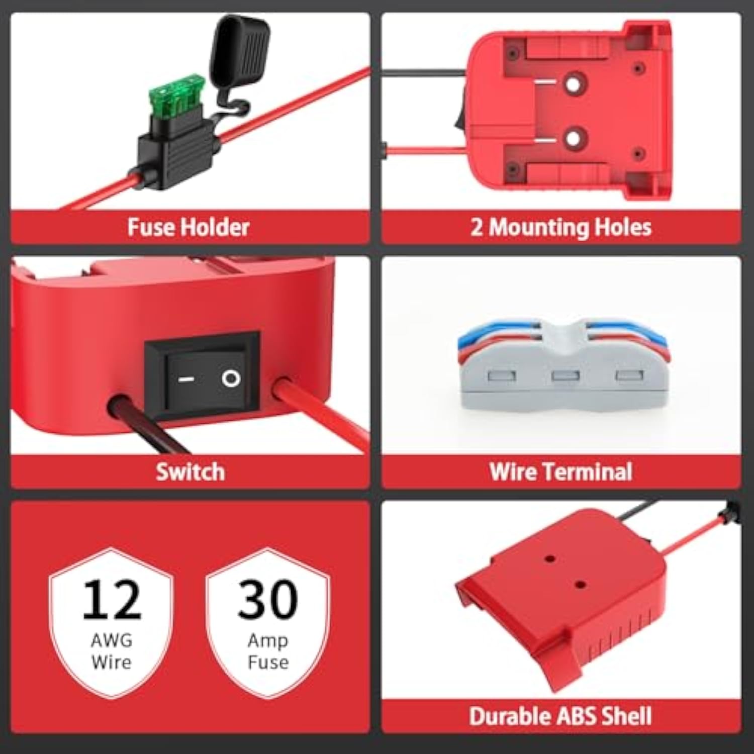 Power Wheels Adapter For Milwaukee M18 Battery Adapter, 18V Power Wheels Battery Converter Kit With Fuses Holder And Switch, Wire Terminals, 12Awg Wire For Diy (2-Pack)