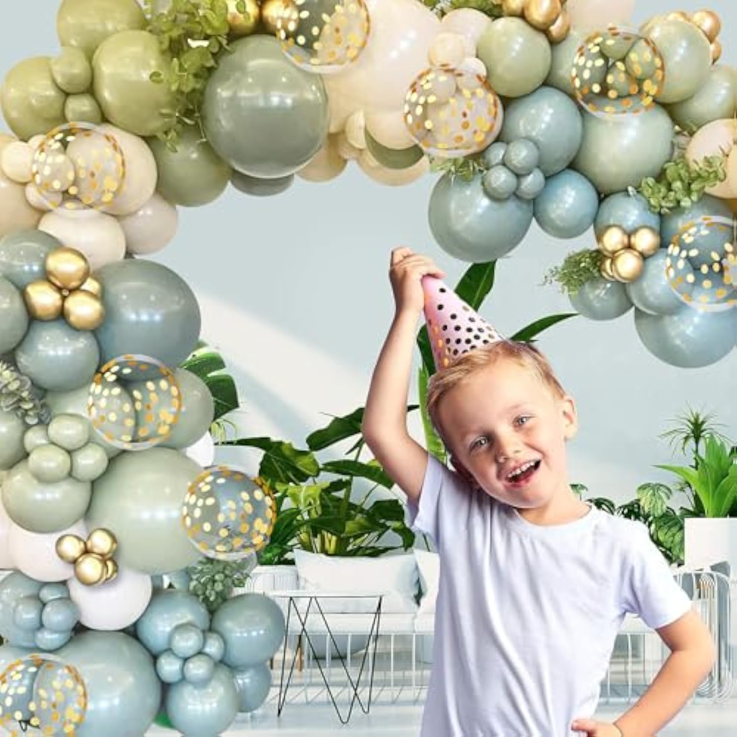Dusty Green Blue Balloon Garland Arch Kit, Sage Green And Blue Balloon Arch Kit With Sand White Green Gold Balloons For Baby Shower Neutral Birthday Jungle Safari Wedding Birthday Party Decorations