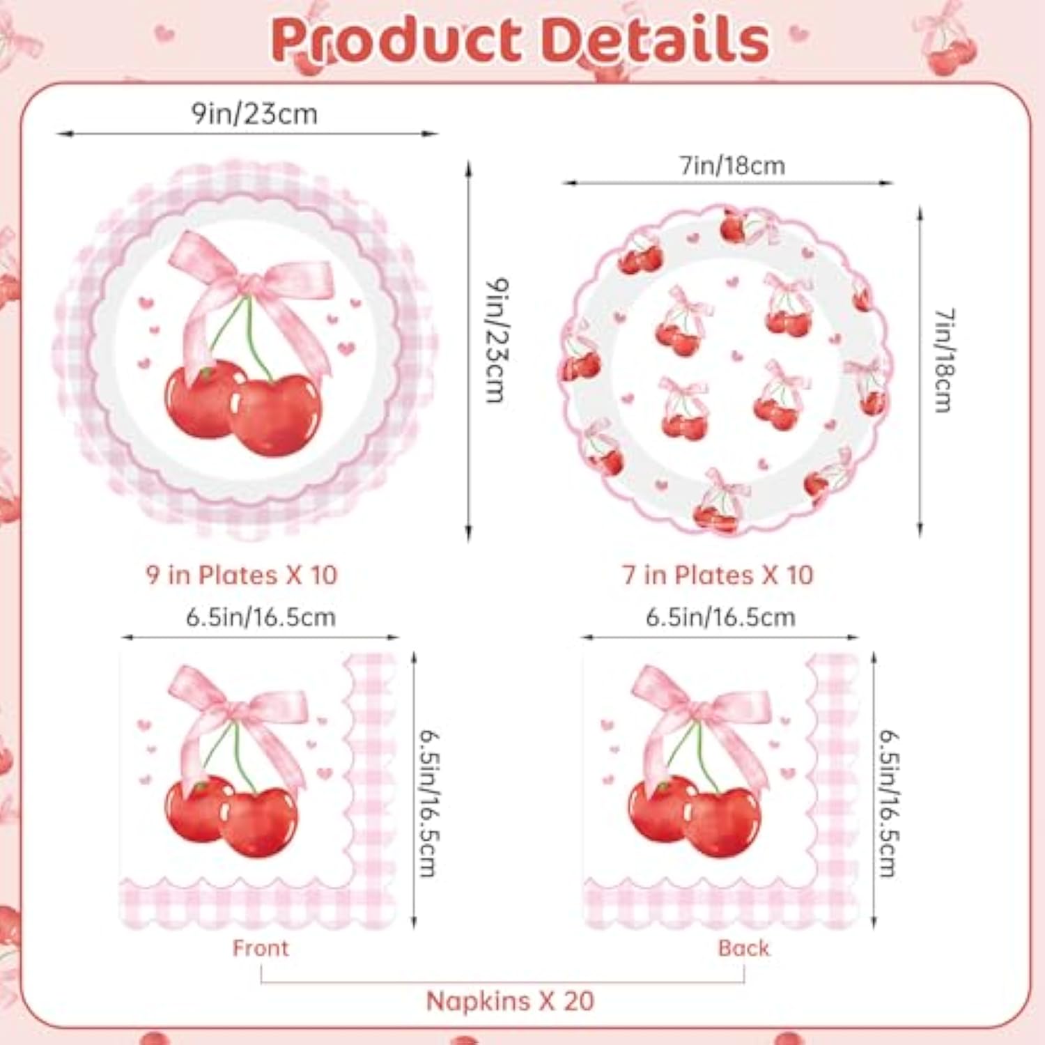 40 Pcs Cherry Birthday Decorations - Pink Bows Plates And Napkins Party Supplies, Disposable Scalloped Bowknot Paper Dinner Plates Napkins Sets For Fruits Cherry Table Party Decor Favors, Serves 20
