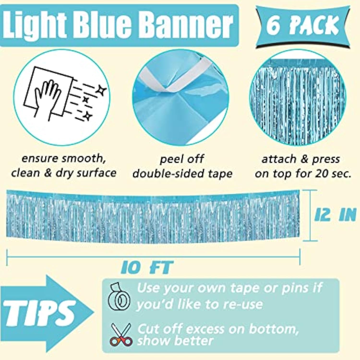 6 Pack 10 Feet Foil Fringe Garland Metallic Tinsel Banner Wall Hanging Curtain Streamers Backdrop For Parade Floats Bachelorette Wedding Birthday Party Thanksgiving Christmas Decorations(Light Blue)