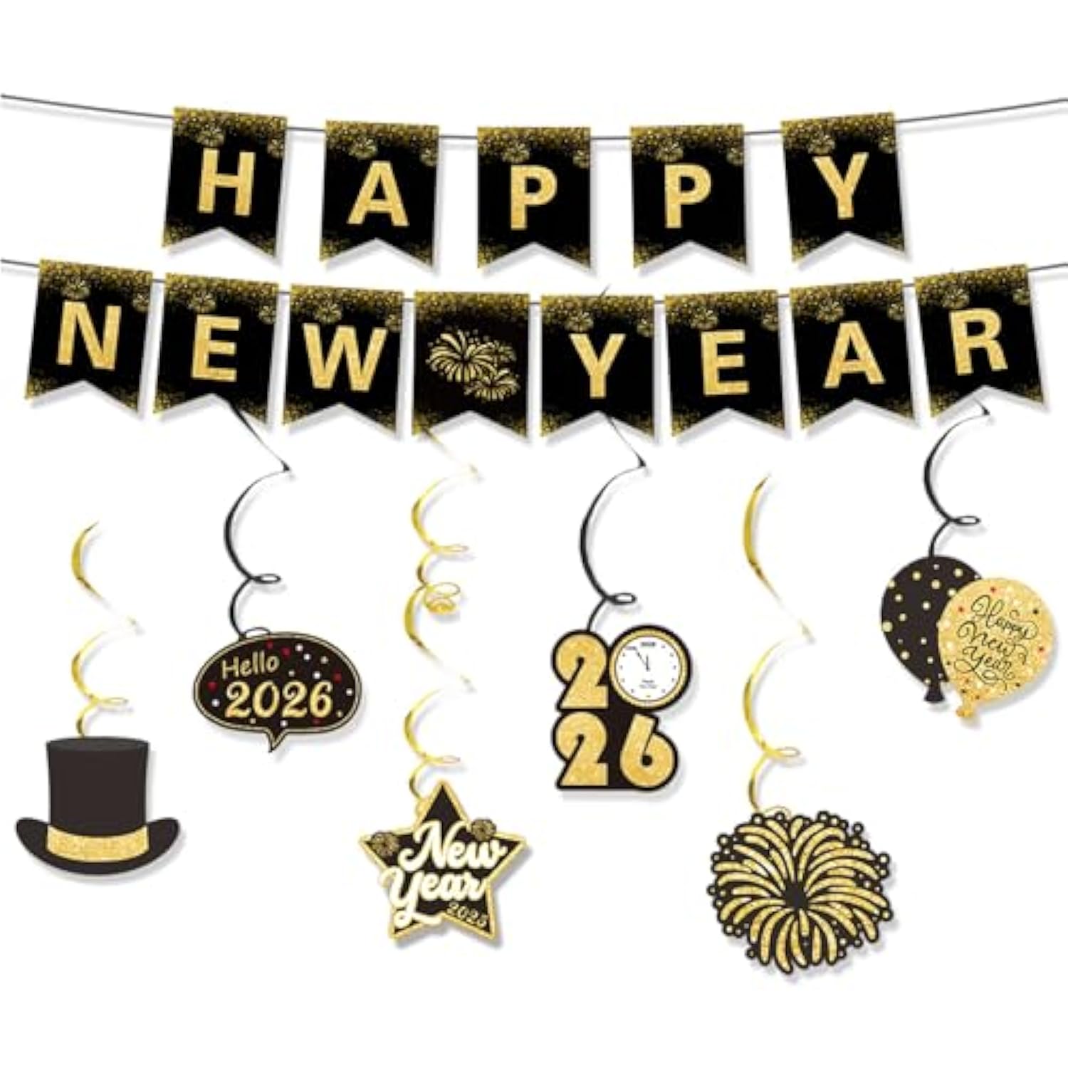 Happy New Year 2026 Black Gold Alphabet Banner Hanging Swirl Party Decor