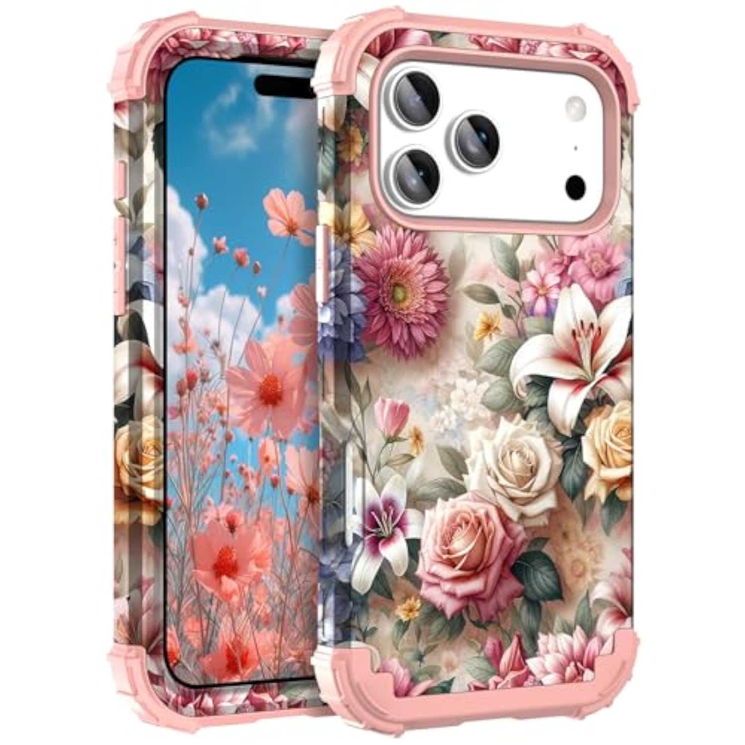 For Iphone 17 Pro Case 6.3", Heavy Duty Shockproof Protection Soft Silicone Rubber+Hard Plastic Bumpers Hybrid Protective Case For Iphone 17 Pro 2025 - Rose Flowers