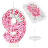 Birthday Number Candles,Pink Crown Birthday Candles For Cake,Glitter Number 9 Candle Cake Topper With Sequins For Girls,Women, Anniversary Celebrations Supplies (Pink 9)