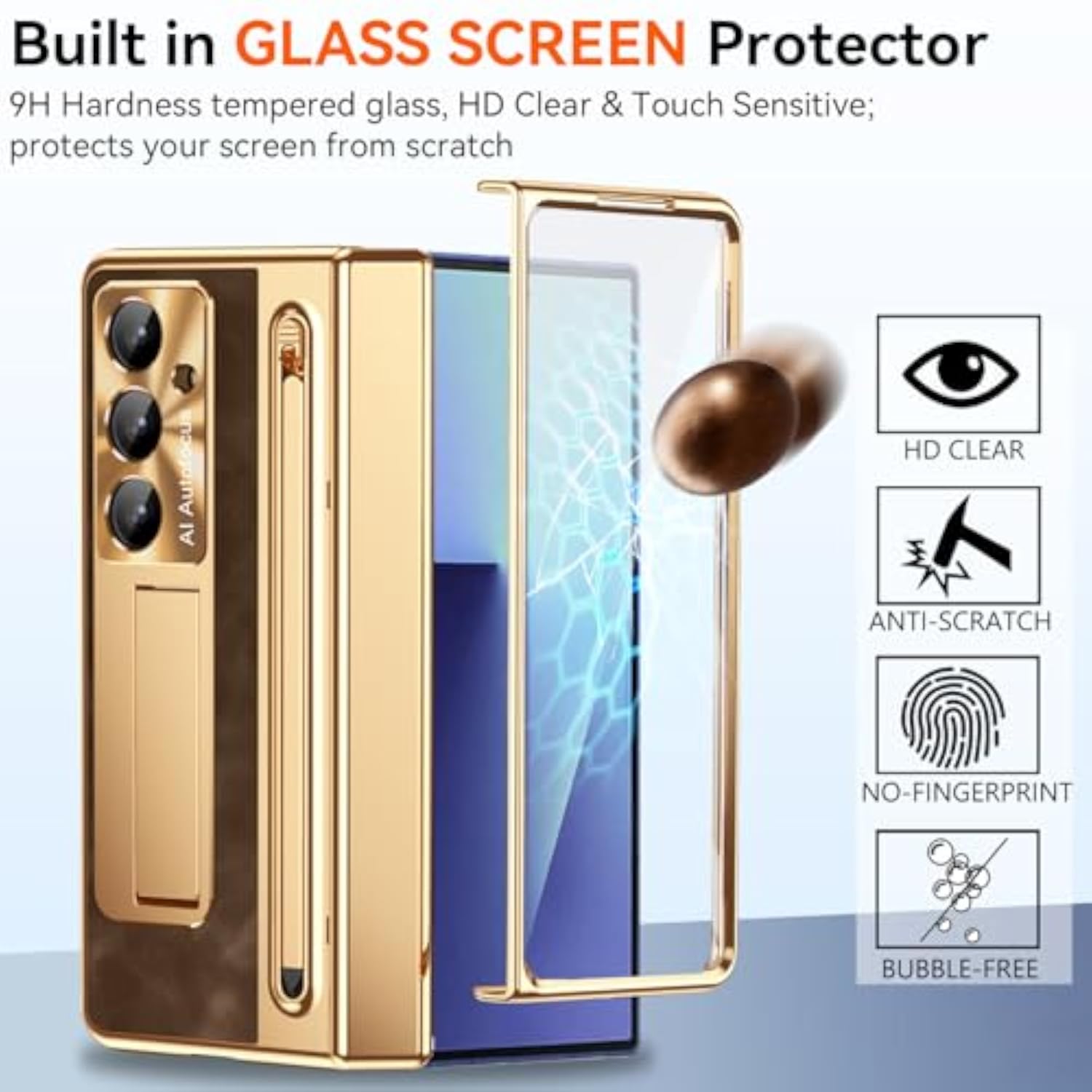 Samsung Galaxy Z Fold 7 Case with S Pen Holder & Slim Stylus, Fold7 PU Leather Phone Case with Kickstand Built in Screen Protector Camera Protector Protective Cover for Z Fold7 Gold and Coffee
