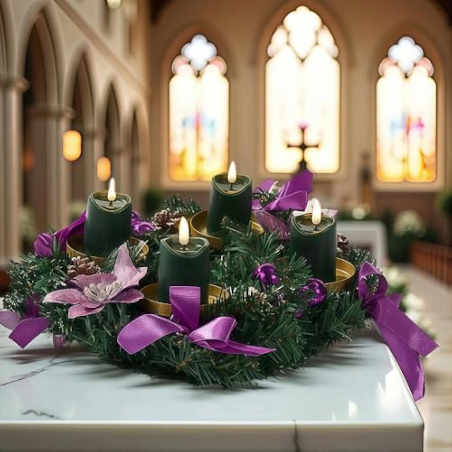 Simplelight Green Flameless Votive Candles With Timer, Realistic Black Wick Advent Wreath Candles Battery Operated, Battery Included, D 1.8” X H 3.1”, Set Of 6 For Christmas Decoration(Green)