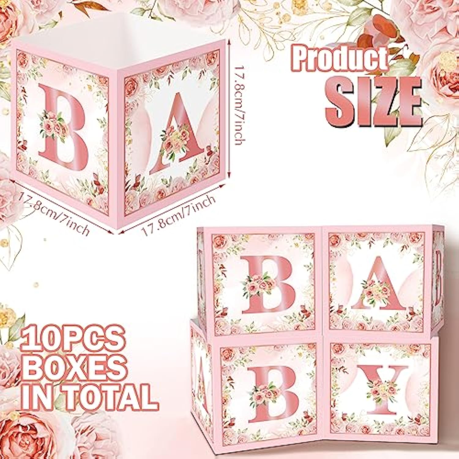 10 Piece 7X 7X 7 Inch Baby Shower Centerpiece Boxes Baby Shower Party Decorations Table Display With Letters Gender Reveal Party Favor Block Holder(Floral Style)