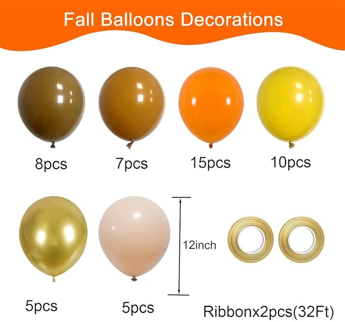 50Pcs 12Inch Fall Balloons Orange Brown Yellow Thanksgiving Party Decorations