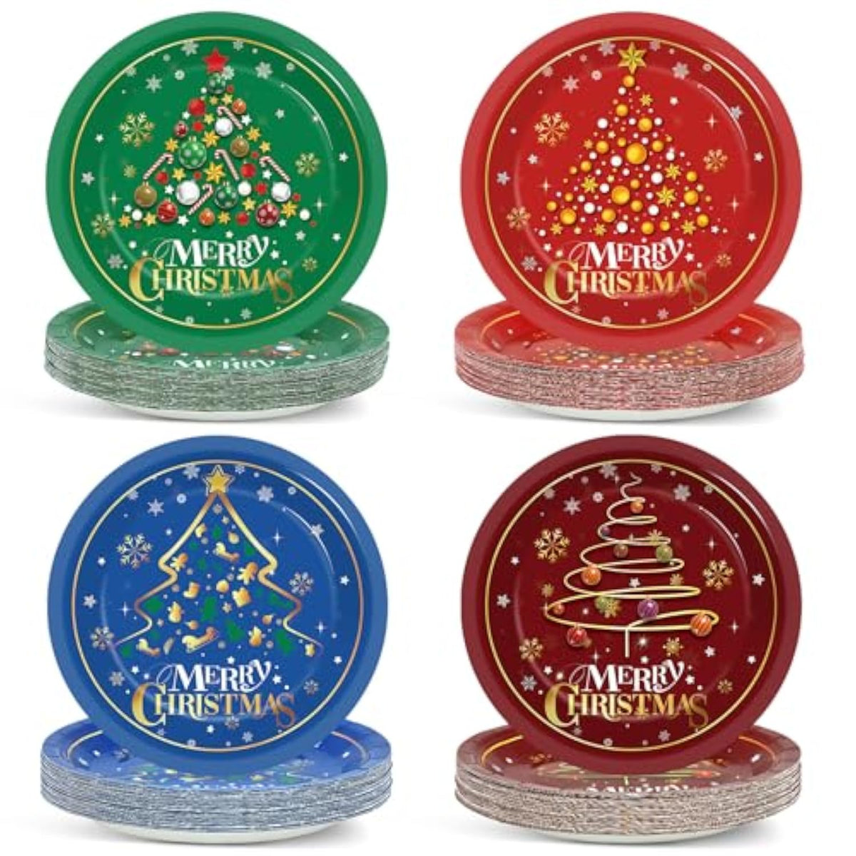 100 Pcs Christmas Tree Paper Plates Party Decorations Xmas Winter Plates 7Inch Disposable Merry Christmas Red Green Blue Snowflake Dinner Plates Tableware Set For Holiday New Year Party Supplies