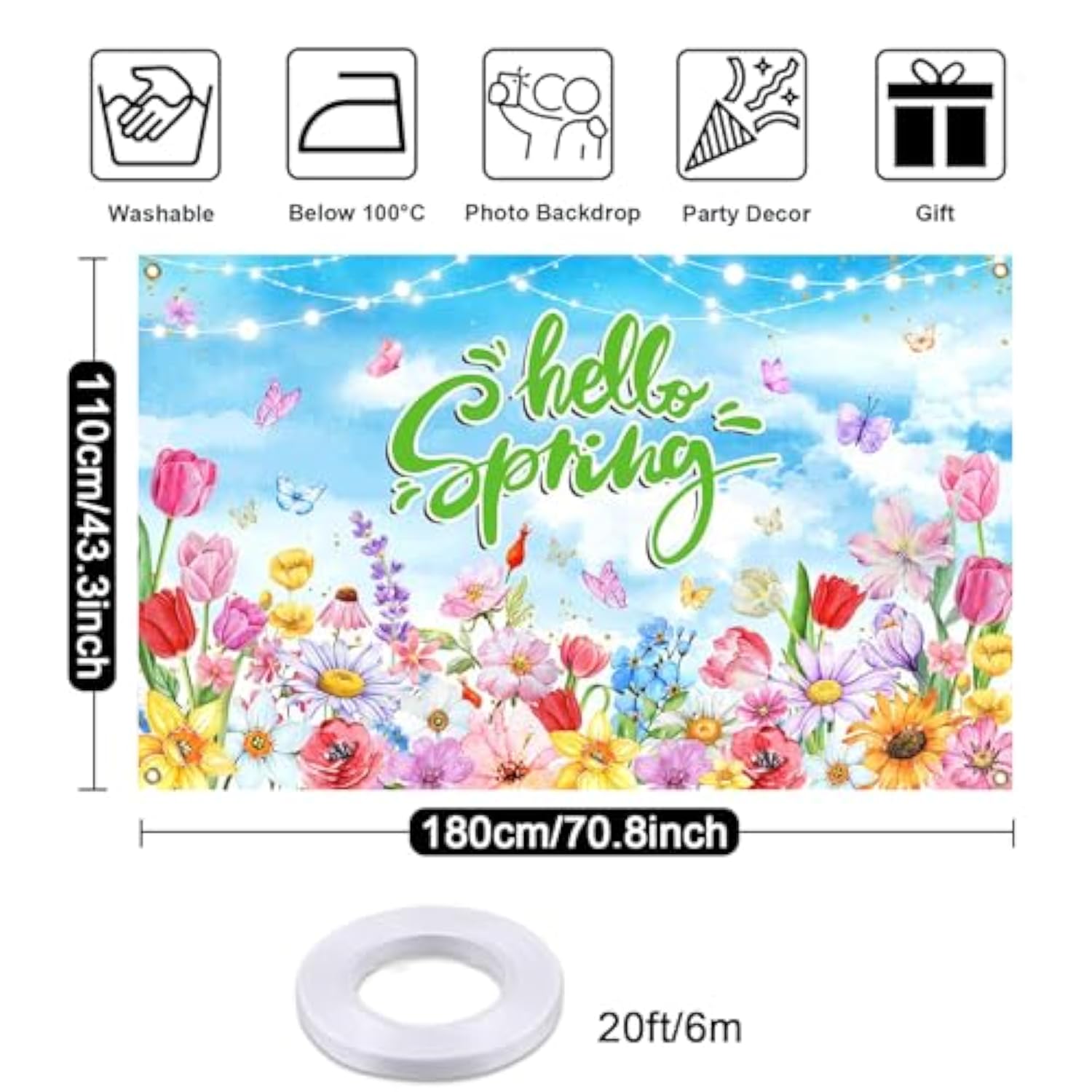 Spring Backdrop Banner Floral Hello Spring Decorations Background Easter Flowers Blue Sky Photo Booth Props 70.8 X 43.3 Inch