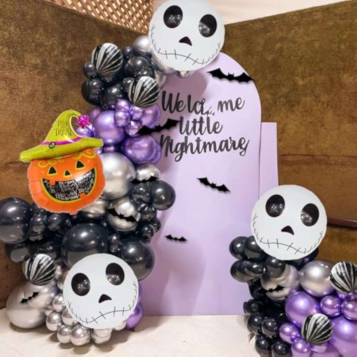 Skull Halloween Balloon Garland Arch Kit 107pcs Purple Black Silver Balloons Pumpkin Bat Decor
