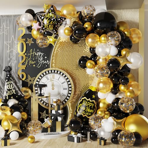 Black and Gold Balloons Garland Arch Kit,142 Pcs Black White Metallic Gold Confetti Balloons with Bottle Hat Star Foil Balloon for 2026 Happy New Year Party Decorations New Years Eve Party Supplies