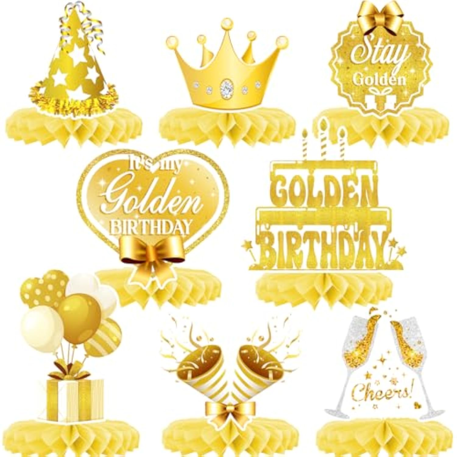 Golden Birthday Party Decorations, Gold Glitter Stay Golden Honeycomb Centerpieces For Women Men Golden Birthday Party Decorations Supplies Accessories Favors Gift