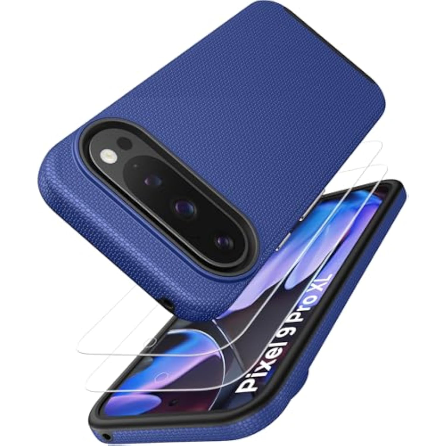 Google Pixel 9 Pro XL Case, Double Layer Drop Protection with 2X Screen Protector, Shockproof Silicone Inner Case & Rugged Outer Cover Phone Case for Google Pixel 9 Pro XL 2024, Blue
