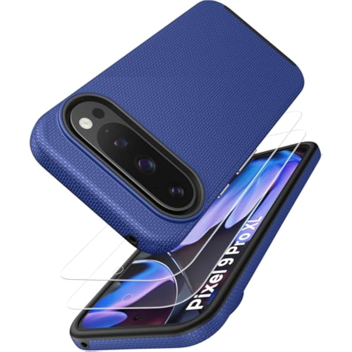 Google Pixel 9 Pro XL Case, Double Layer Drop Protection with 2X Screen Protector, Shockproof Silicone Inner Case & Rugged Outer Cover Phone Case for Google Pixel 9 Pro XL 2024, Blue