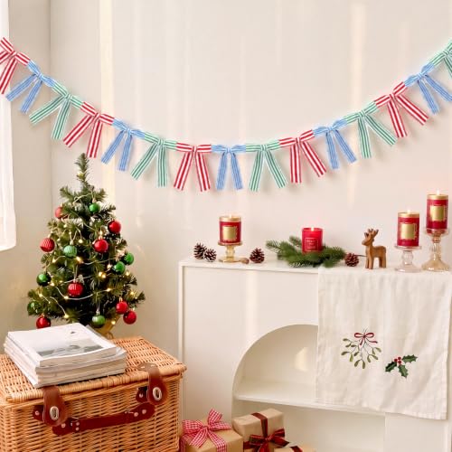 6.7 ft Christmas Fringed Stripe Bow Garland Red Blue Green Tattered Edge
