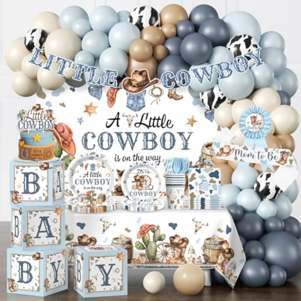 230Pcs Cowboy Baby Shower Decorations, All-In-1 Supplies Pack, Includes 20 Tableware, A Little Cowboy Is On The Way Backdrop Tablecloth, Balloon Kit For Baby Boy Shower Decorations