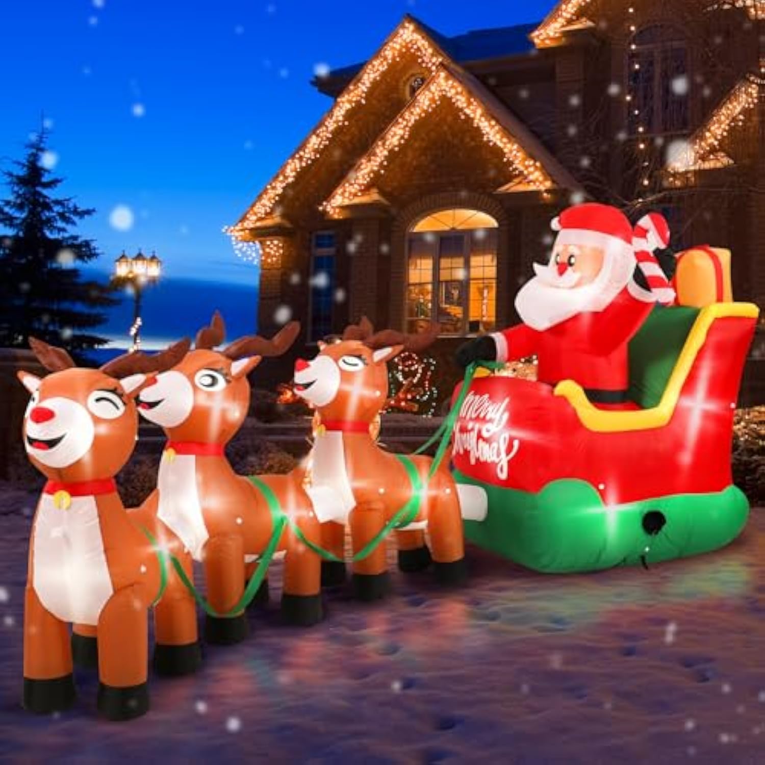 Christmas Inflatables, 12 Ft Santa Claus On Sleigh With Three Reindeer, Blow Up Inflatables With Built-In Leds, Candy Ca