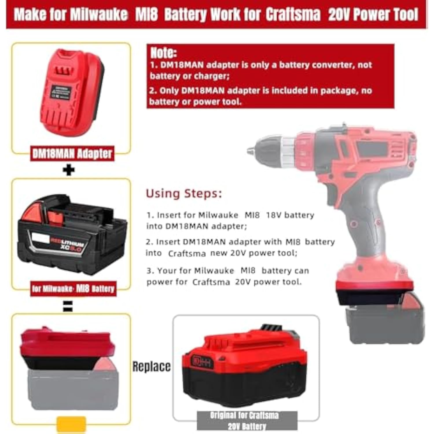 For Milwaukee Battery Adapter, Convert For Milwaukee To For Craftsman Battery Adapter, Make For M18 Battery Work For Craftsman New 20V Power Tool (Adapter Only)