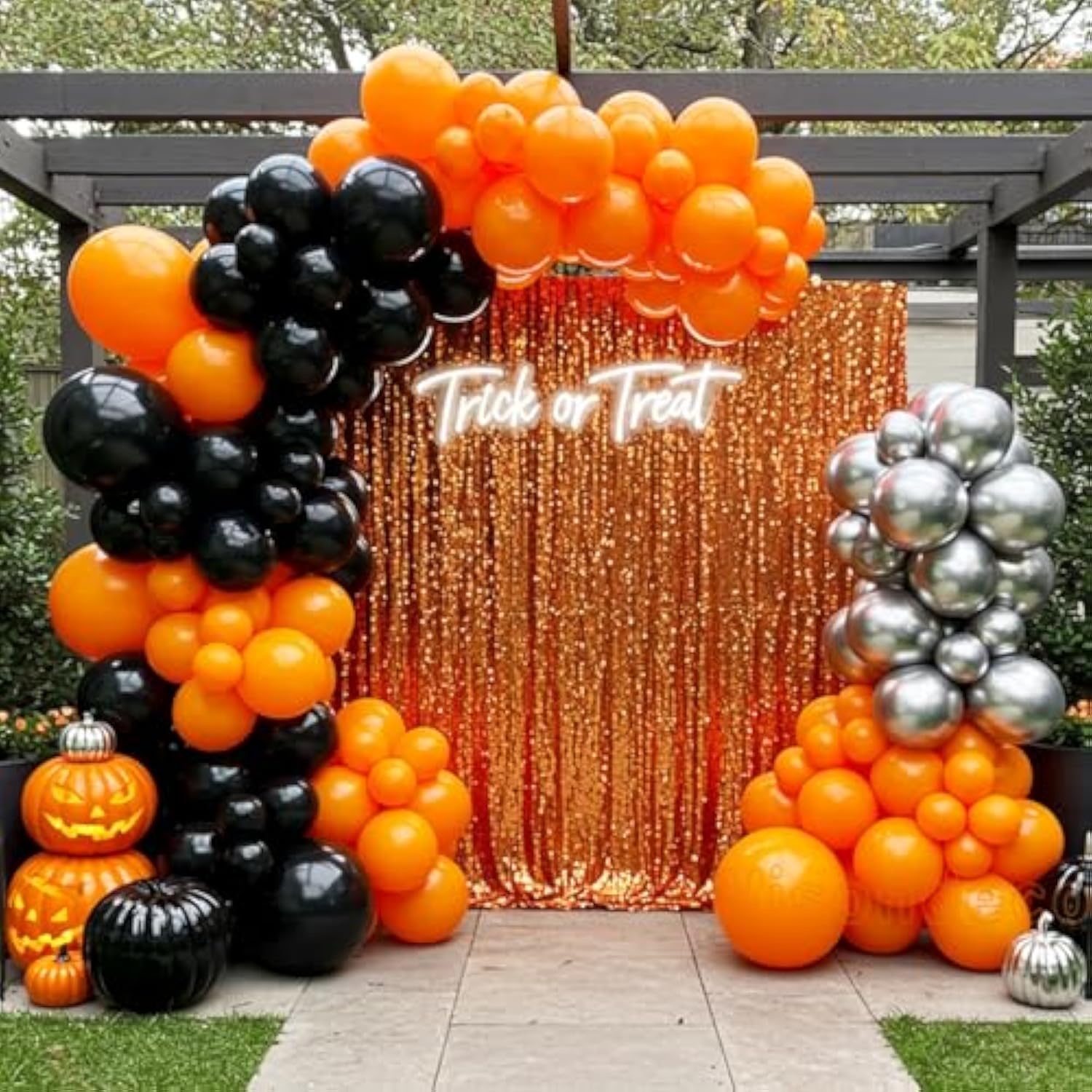 133Pc Halloween Balloon Arch Kit – Orange Black Silver Garland Decorations