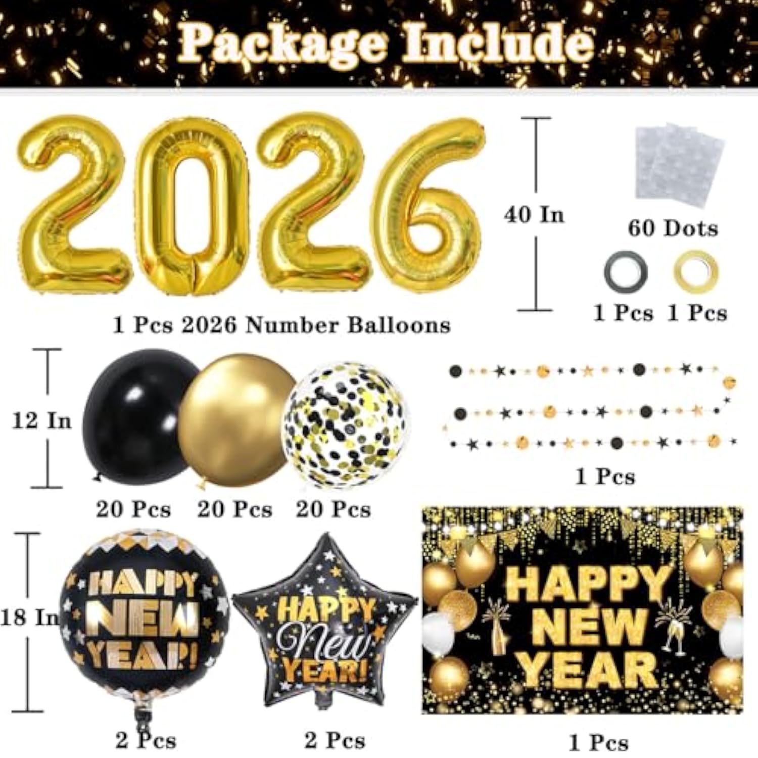70pcs New Year 2026 Party Supplies Gold Black Banner and Number Balloons