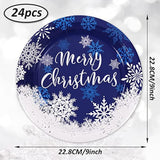 Christmas Paper Plates White Blue Snowflake Round Disposable Plates 9 Inch Merry Christmas Decorative Tableware For Christmas Winter Holiday Dinner Birthday Party Supplies, 24Pcs