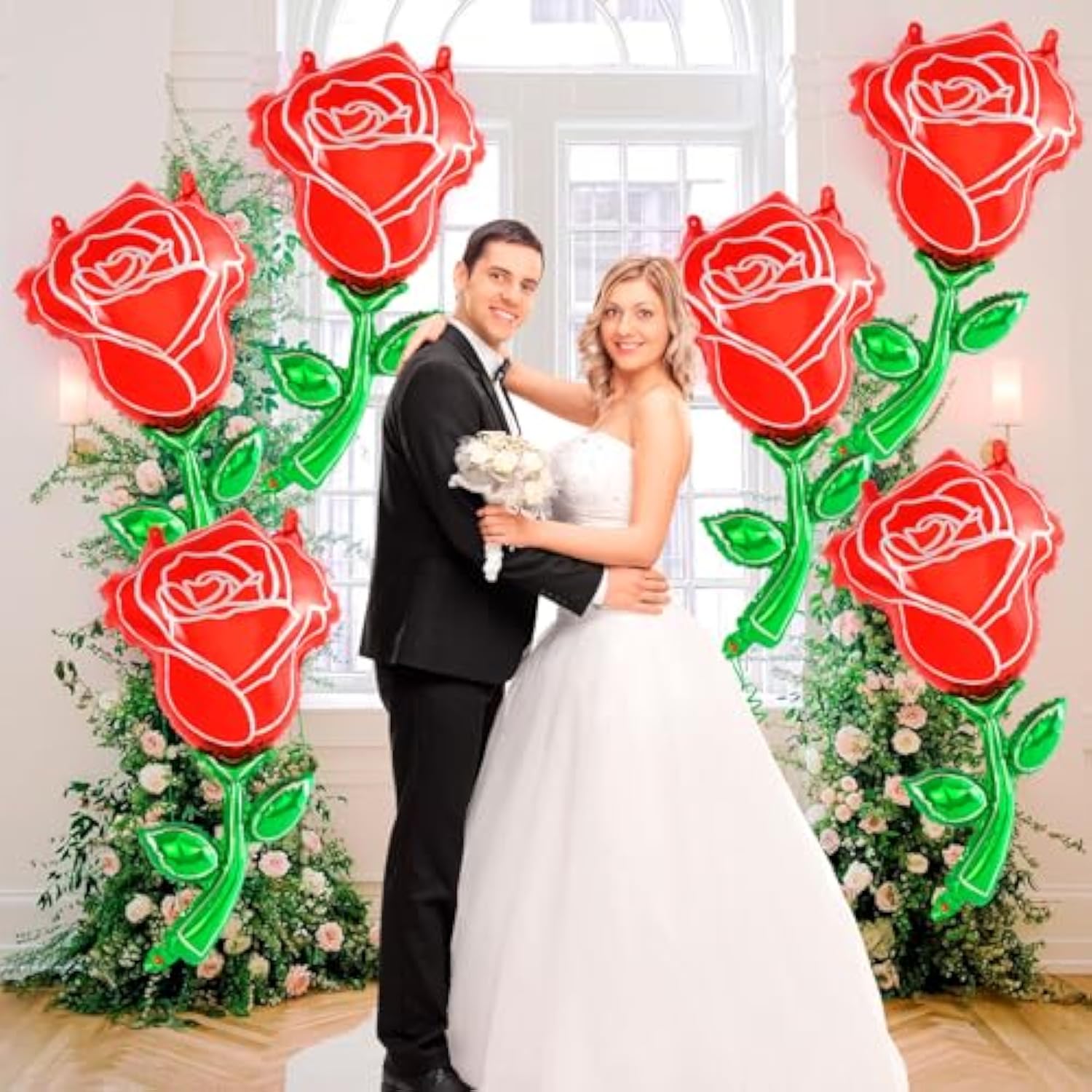 6 Pcs Red Rose Balloons,37 Inch Giant Rose Foil Balloons,Red Flower Balloon Valentines Day Balloon For Birthday Wedding Valentines Day Flower Theme Party Decoration