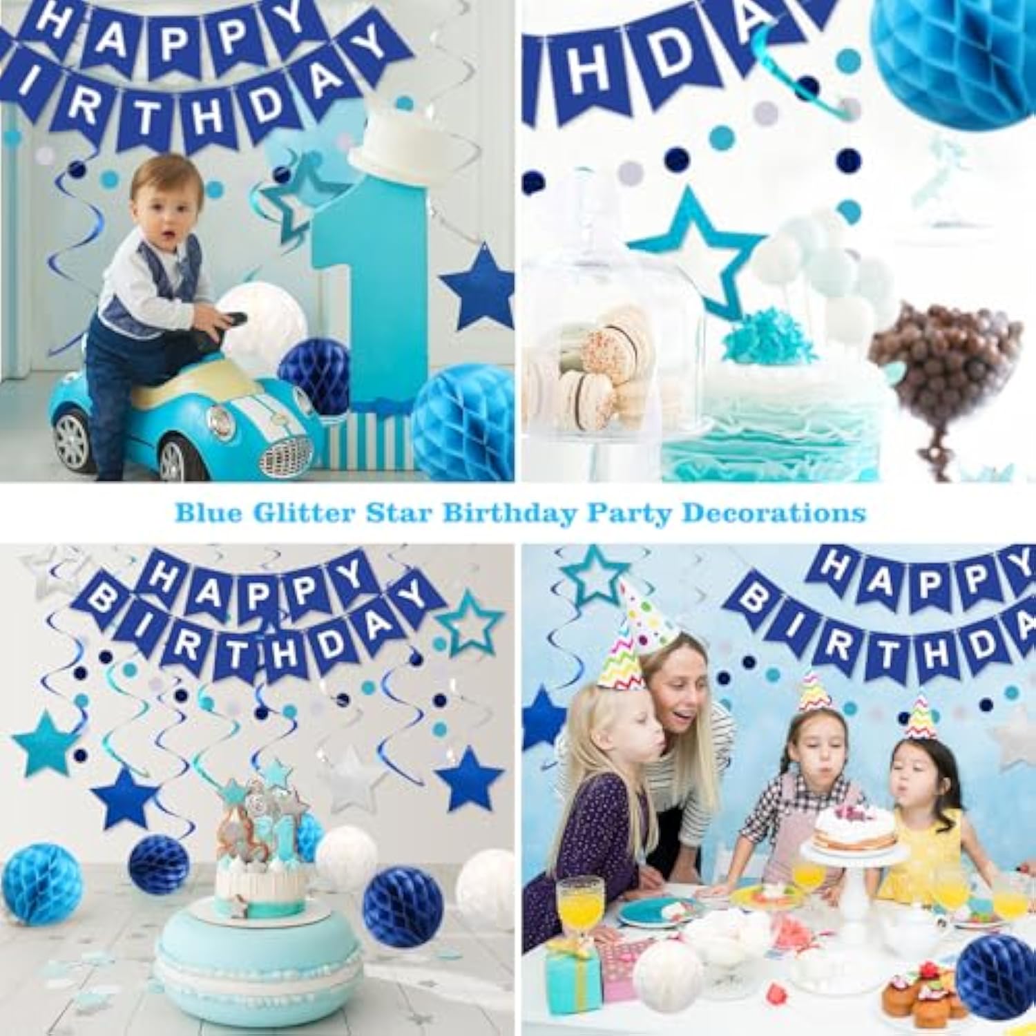 16pcs Blue Birthday Decorations with Banner, Honeycomb Balls, Swirls & Garland