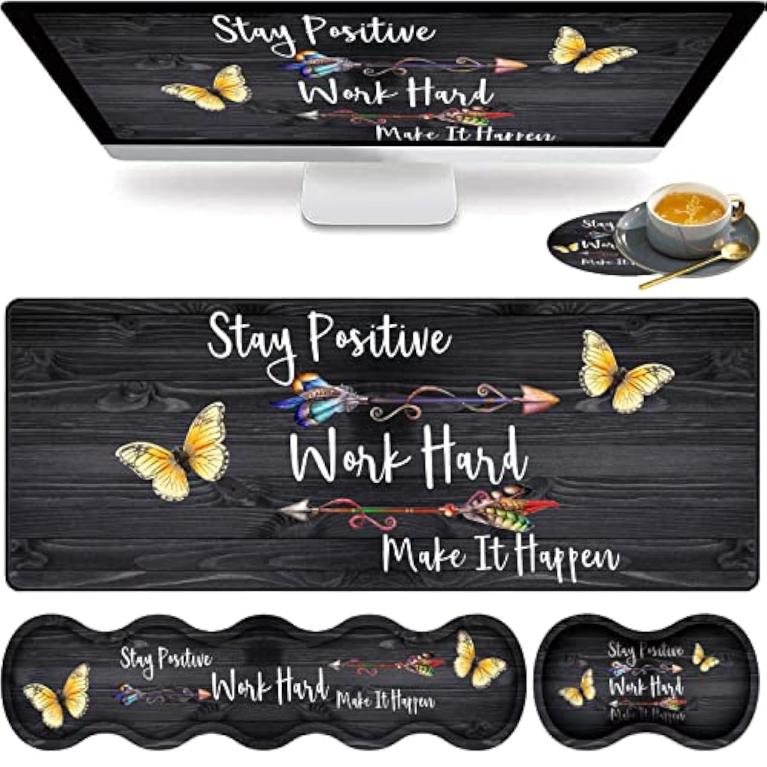 Large Gaming Mouse Pad, Keyboard Wrist Rest Pad + Mouse Wrist Pad + Coaster Set Extended Waterproof Non-Slip Table Mat Suitable For Home Office - Stay Positive Work Hard And Make It Happen