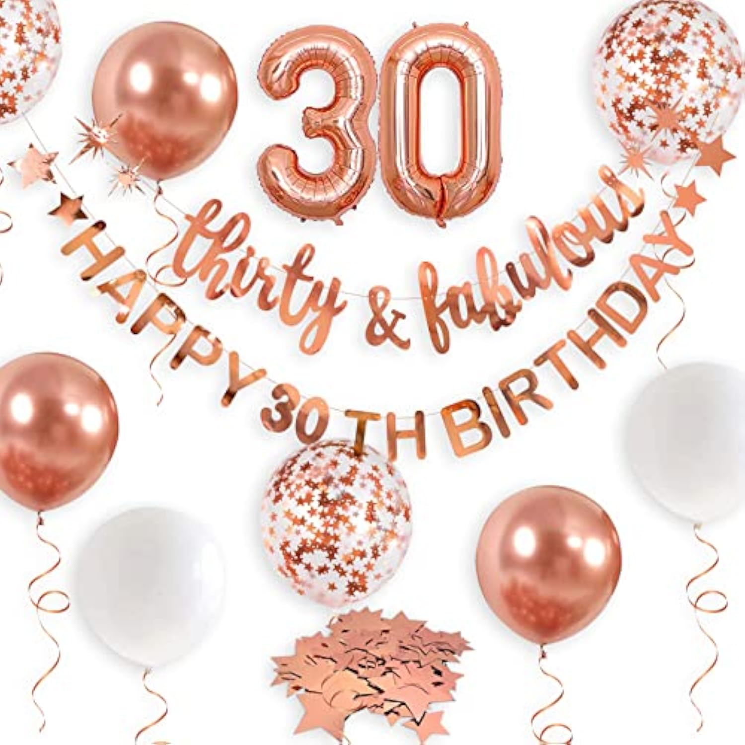 Rose Gold 30th Birthday Decor – Thirty & Fabulous Banner, Balloons and Party Backdrop Set