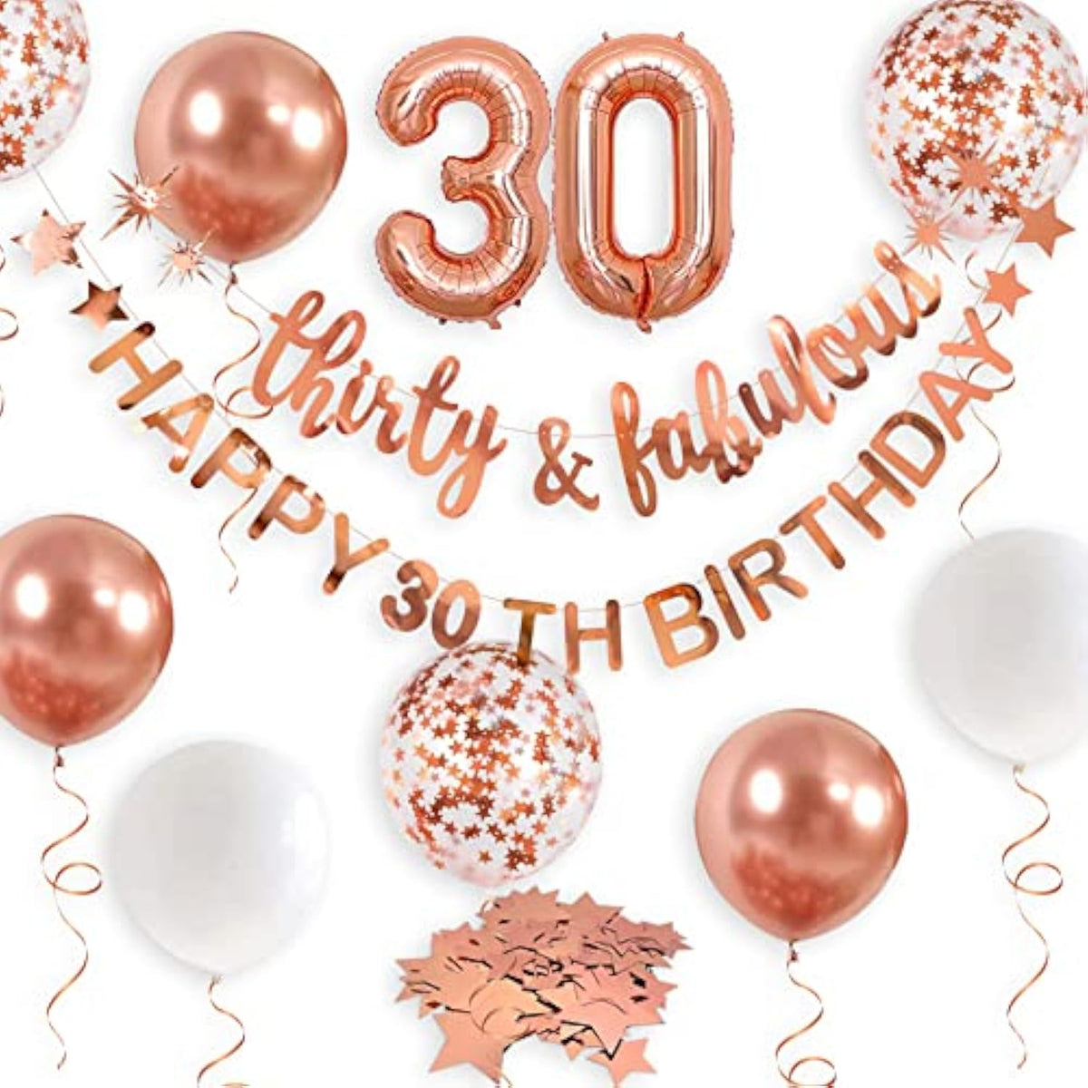 Rose Gold 30th Birthday Decor – Thirty & Fabulous Banner, Balloons and Party Backdrop Set