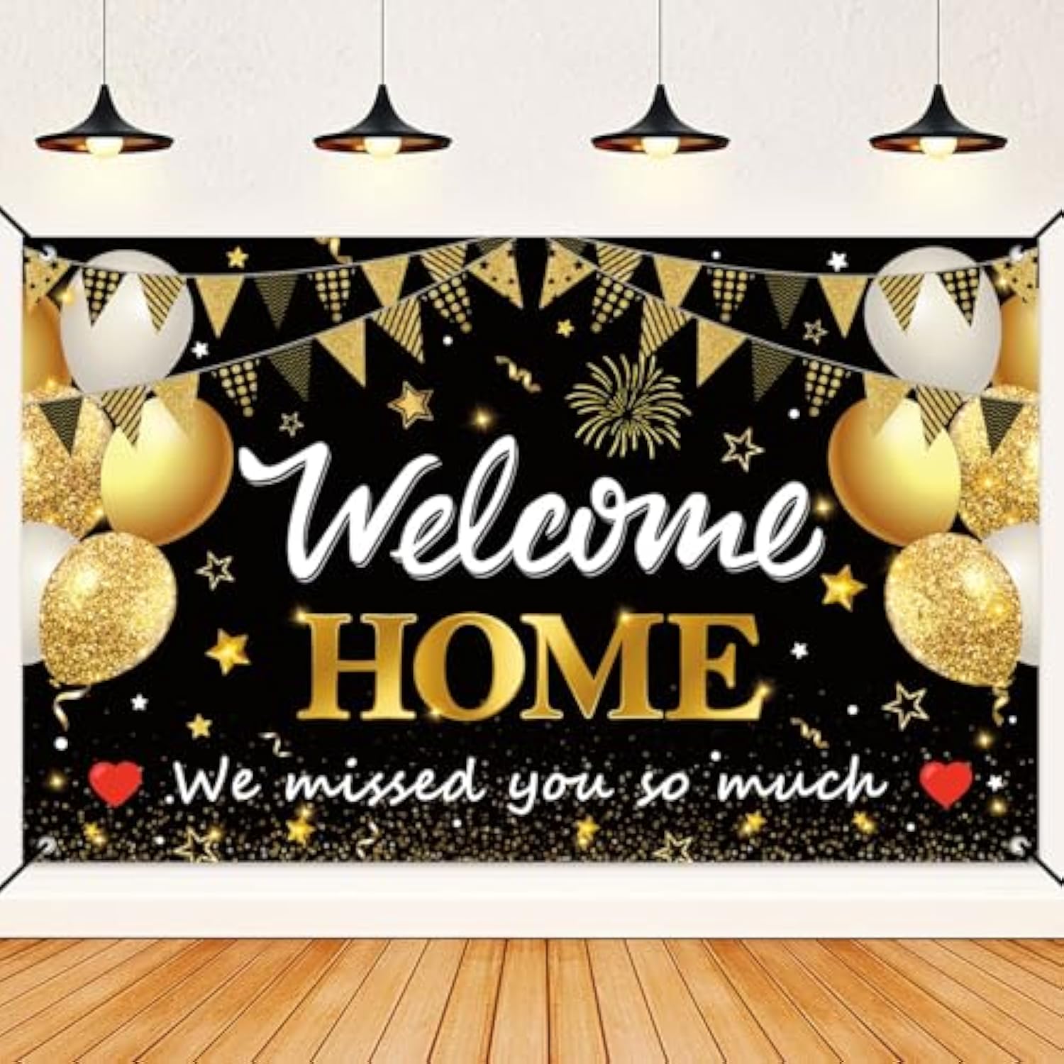 Welcome Home Decorations 30PC Black & Gold Set with Banner, Balloons, Swirls and Centerpieces