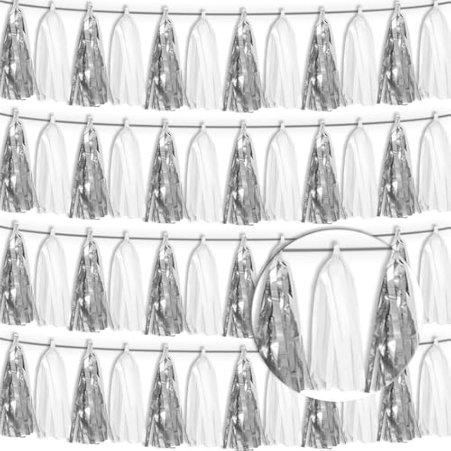 4P White Silver Tassel Banner Garland Metallic Foil Fringe Banner Tinsel Tassels Streamer Banner Backdrop For Parade Floats, Graduation Bridal/Baby Shower Retirement Party Decorations