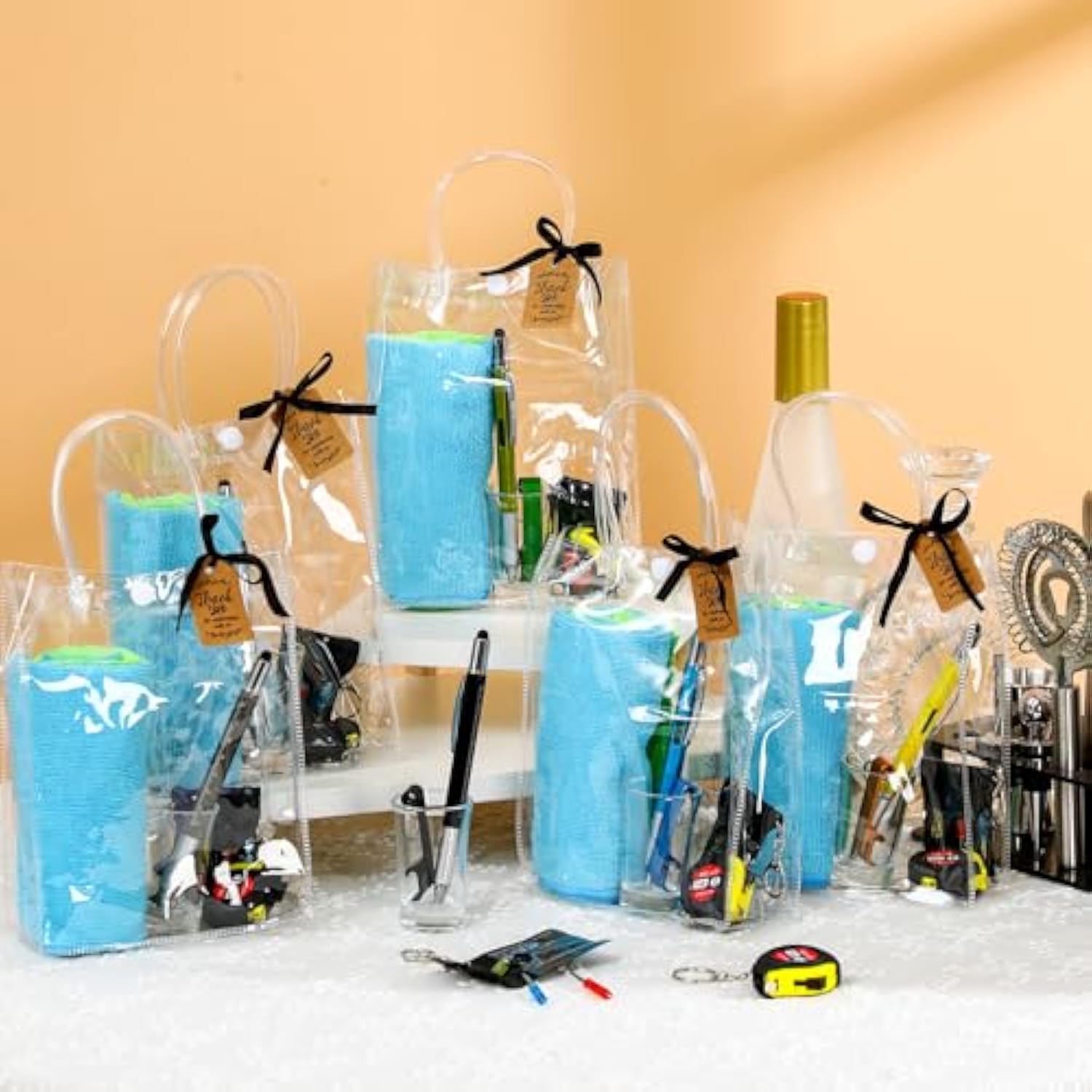 6 Set Baby Shower Prizes For Men With Cleaning Cloth Bottle Opener Screwdriver Tape Measuring Keychain Multi Tool Pen Gift Bag Baby Shower Game Prizes For Winner Bachelor Party (Blue, Green)