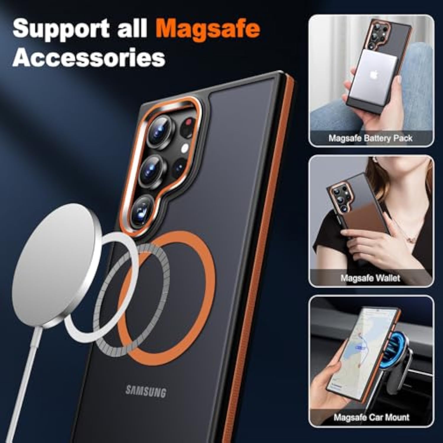 For Samsung Galaxy S24 Ultra Case, [Compatible With Magsafe] [Military Grade Protection] [Anty-Slip Grip] Gorgeous Protective Camera Bezel Galaxy S24 Ultra Magnetic Translucent Matte Case, Orange