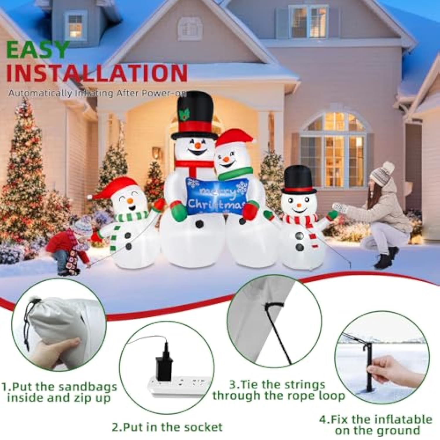 8Ft Long Christmas Inflatables Outdoor Decorations, Blow Up Snowman Family Inflatable Christmas Decor With Built-In Leds