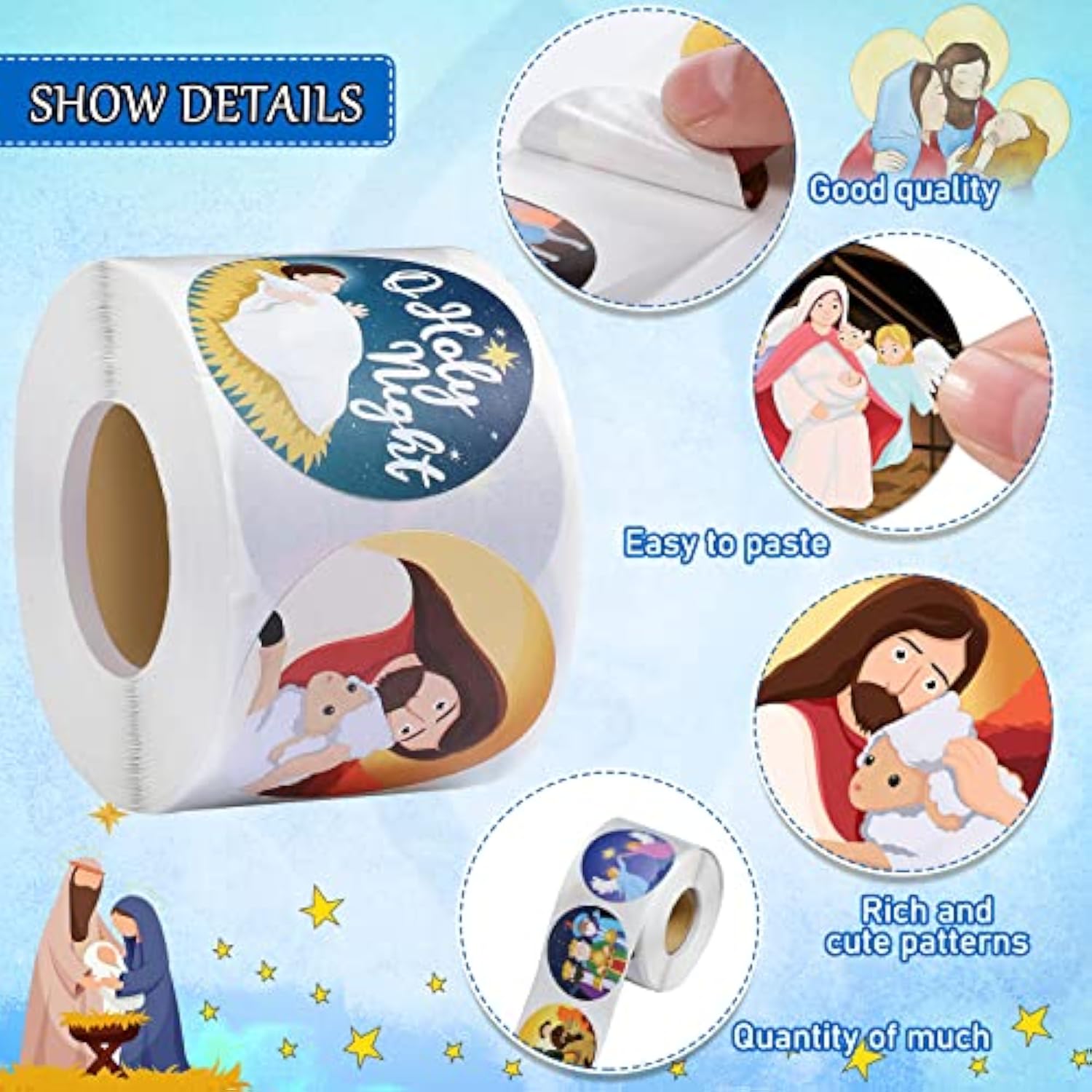 800 Pcs Christmas Religious Stickers Christmas Nativity Stickers Jesus Sticker Christian Christmas Faith Roll Sticker Labels For Xmas Cards Envelopes Candy Favor Craft,16 Designs (Cartoon Style)