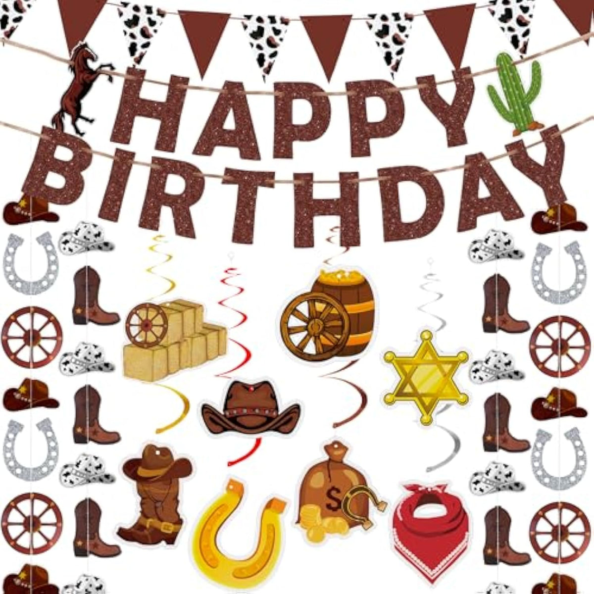 23 Pcs Western Party Decorations Set - Cowboy Birthday Banner, Hanging Swirls, Streamers For Party Supplies