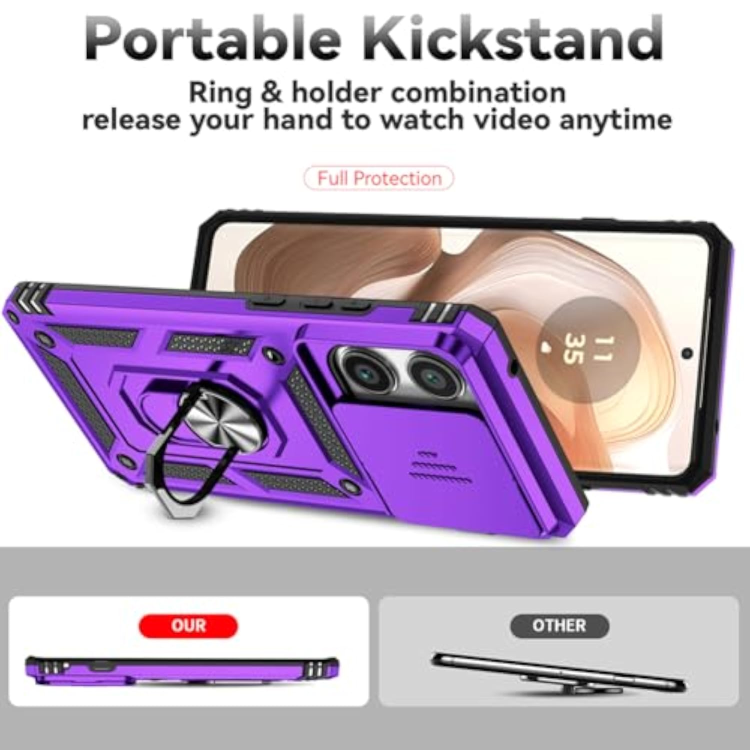 Motorola Moto Edge 5G 2025 Case with HD Screen Protector and Military-Grade Ring Holder Kickstand Slide Camera Lens Cover Shockproof Phone Case for Moto Edge 2025 Purple