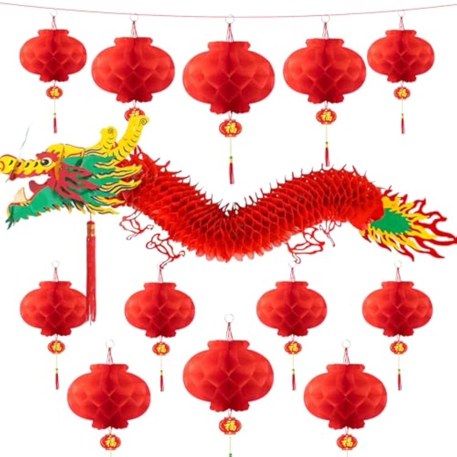 3D Chinese New Year 2026 Dragon Decoration with 12 Red Lanterns Party Decor