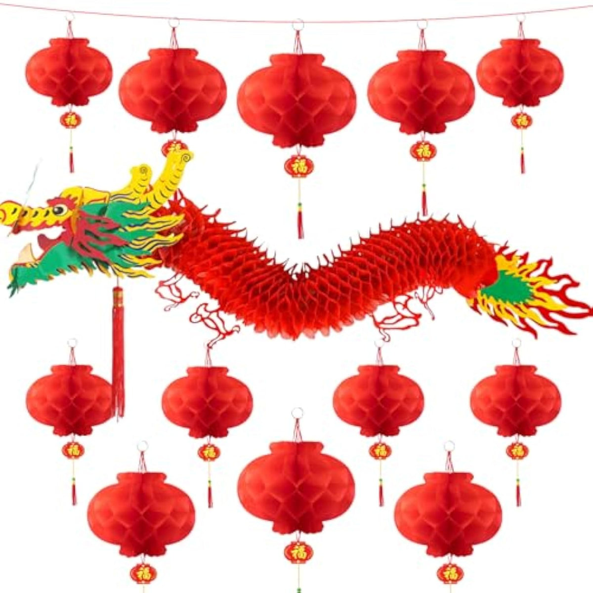 3D Chinese New Year 2026 Dragon Decoration with 12 Red Lanterns Party Decor