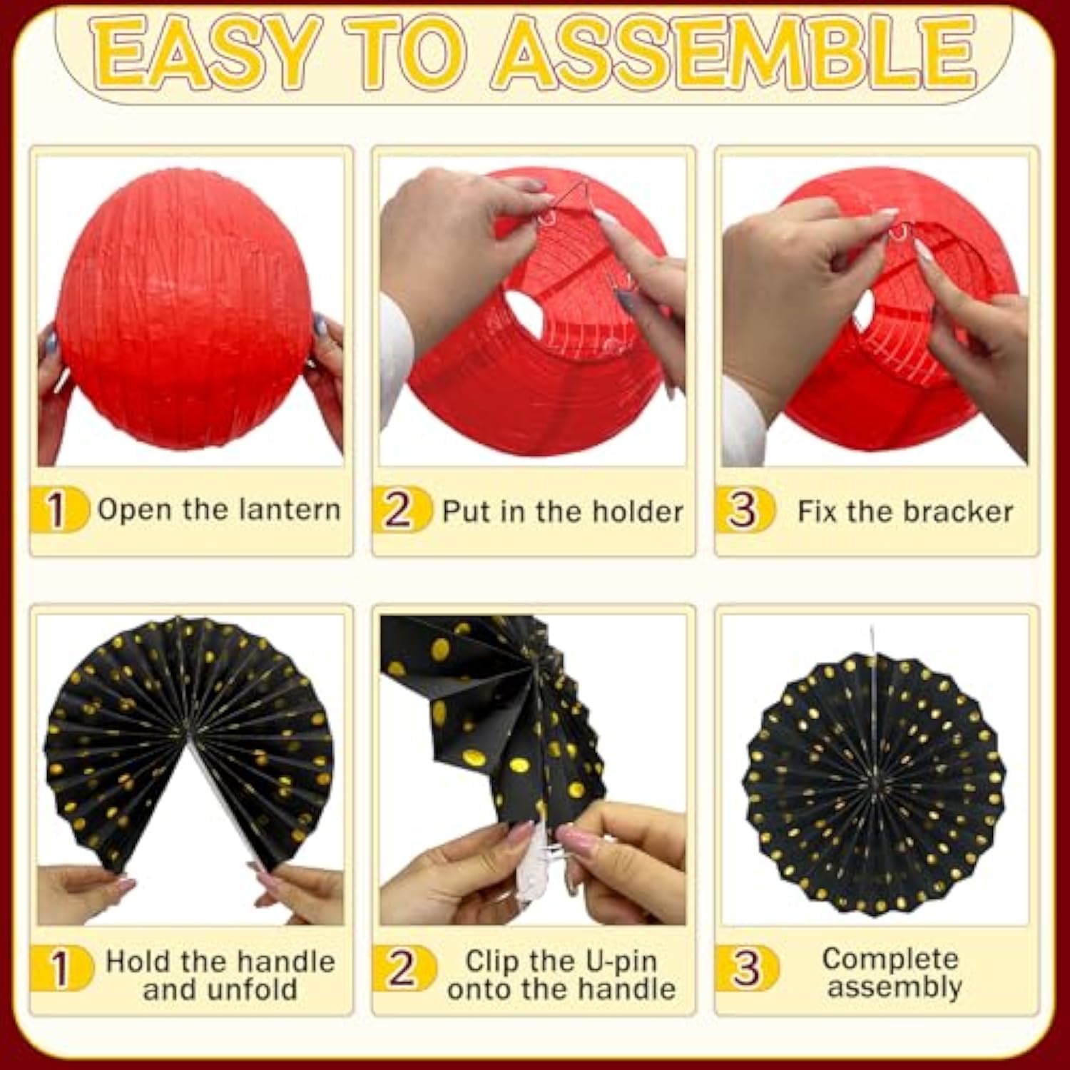 14-Pack Red Black Gold Party Decorations Lanterns Fans for Casino Hollywood Party