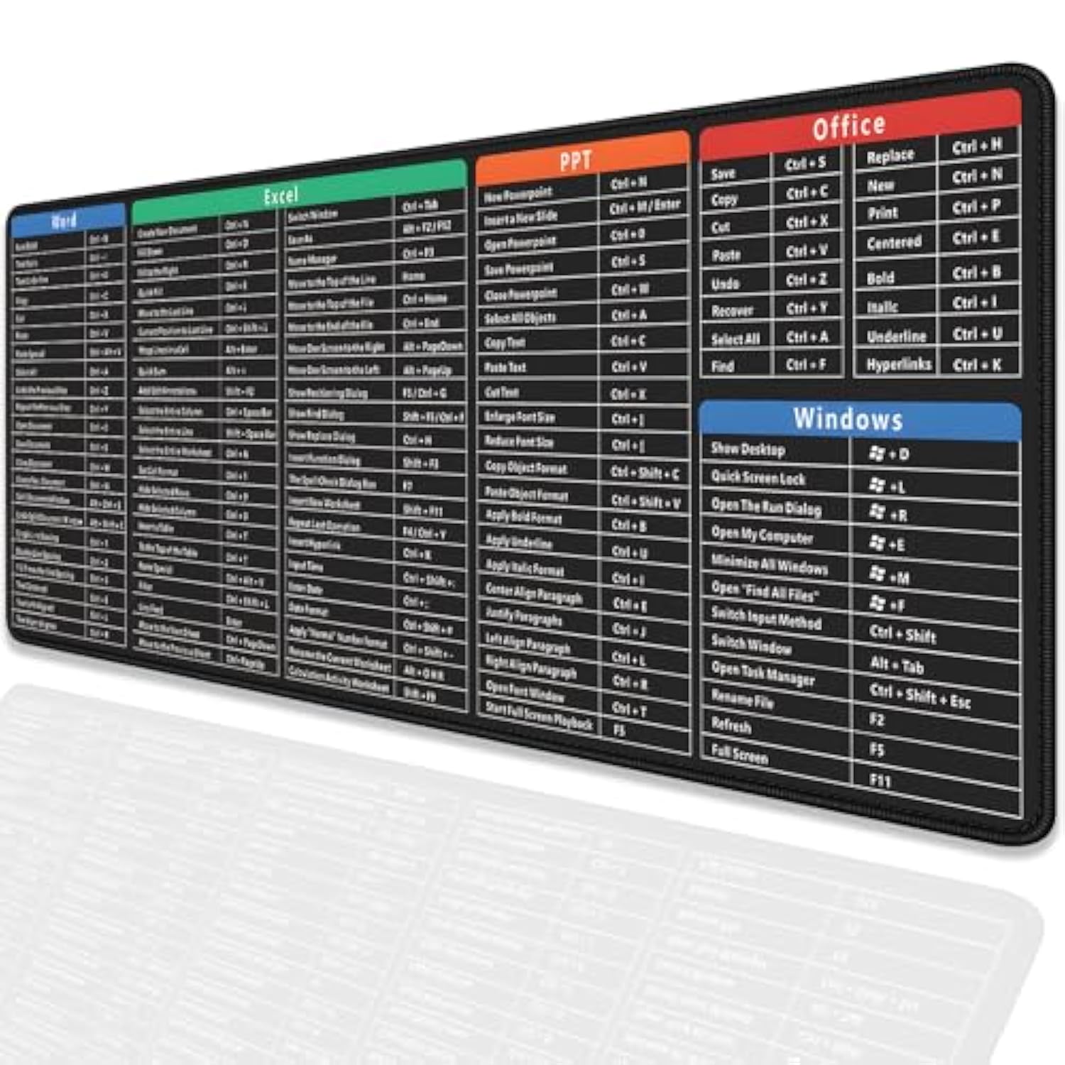 Large Extended Gaming Mouse Pad With Word Excel Office Software Excel Shortcuts Ppt Windows,Stitched Edges Nonslip Waterproof Rubber Base Mouse Pad For Office Desk Pad(27.5X11.8 In)