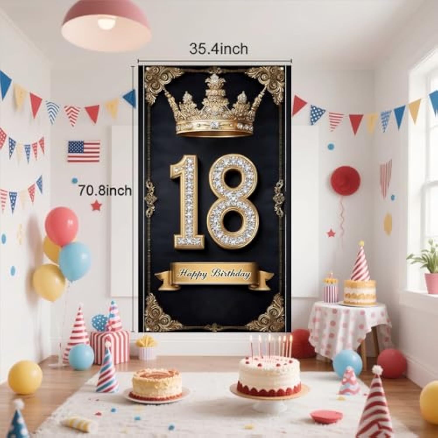 Happy 18St Birthday, Boys And Girls. Golden Black Crown Flag Background Decoration, Poster Background Photo, Booth Prop Decoration, Used For Birthday Parties, Wedding Anniversaries