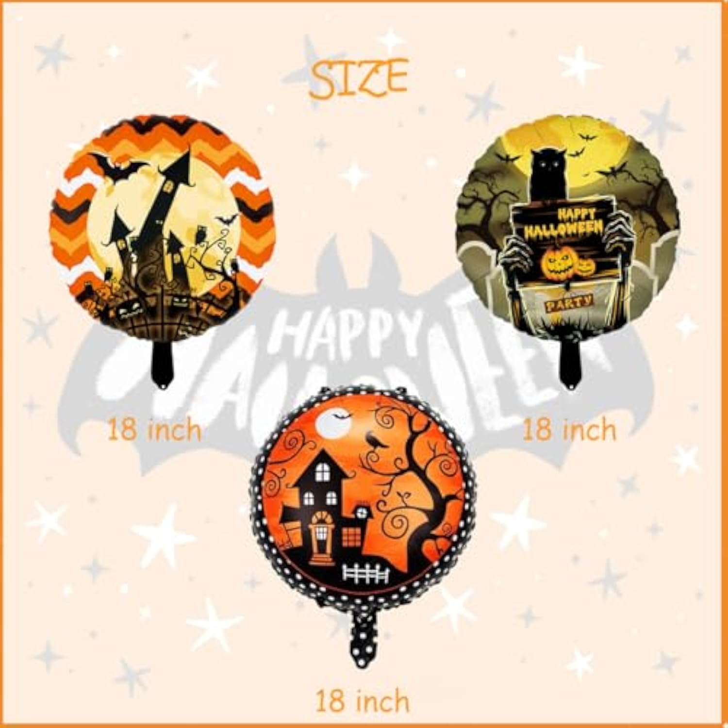 Halloween Foil Balloon Set: 9 Orange, Black Bat, Spider, Pumpkin Decorations