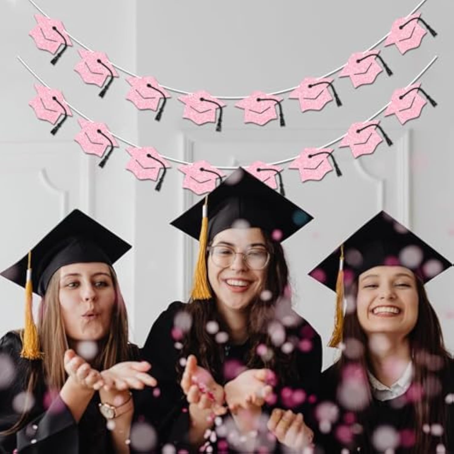 Graduation Decorations Class Of 2026 Pink Graduation Banner Glitter Pre-Strung Grad Cap Banner For 2026 Grad Decor Party Supplies