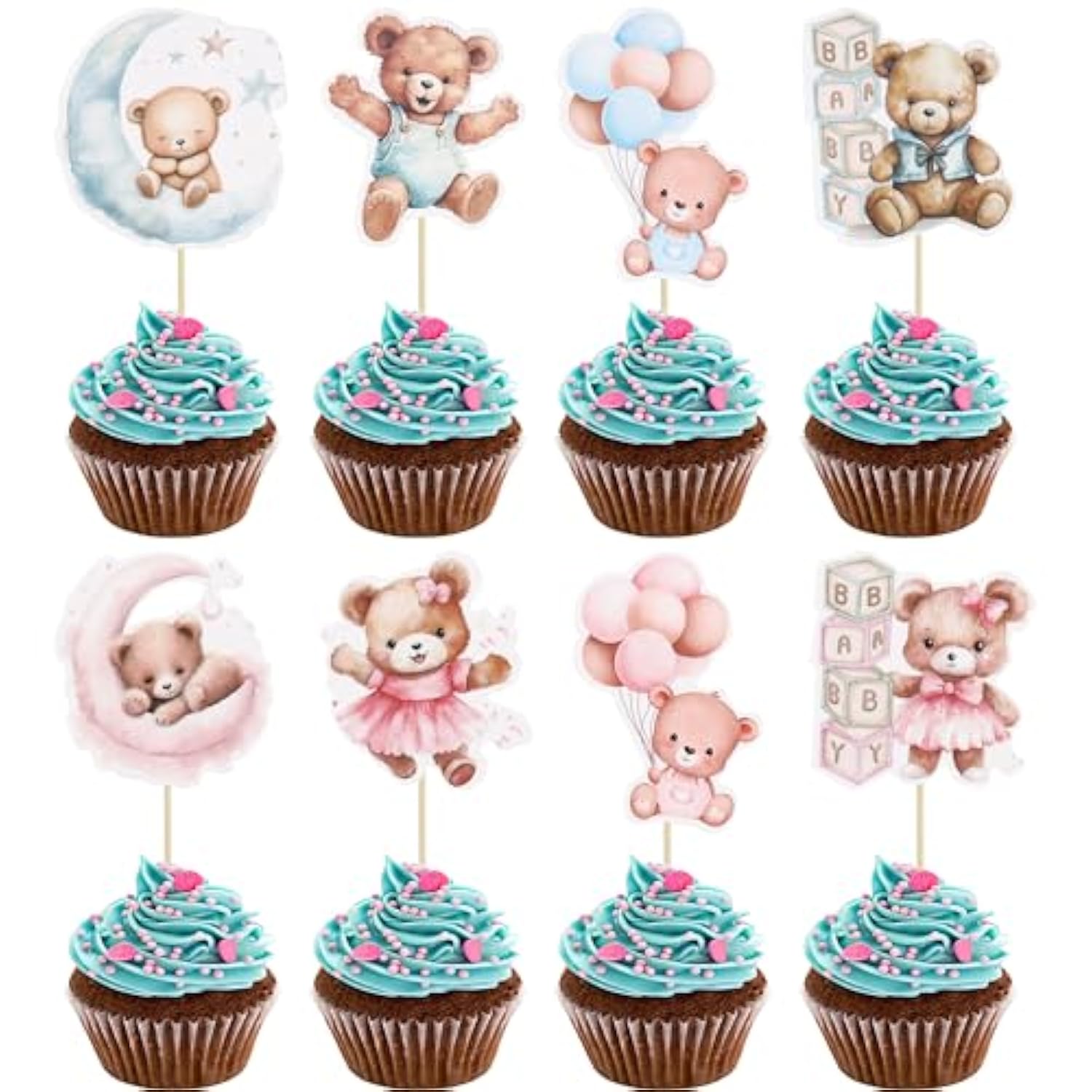 32Pcs Baby Shower Bear Cupcake Toppers Moon Baby Bear Baby Shower Cake Topper Decorations Jungle Animal Theme Birthday Party Cake Supplies Blue Pink